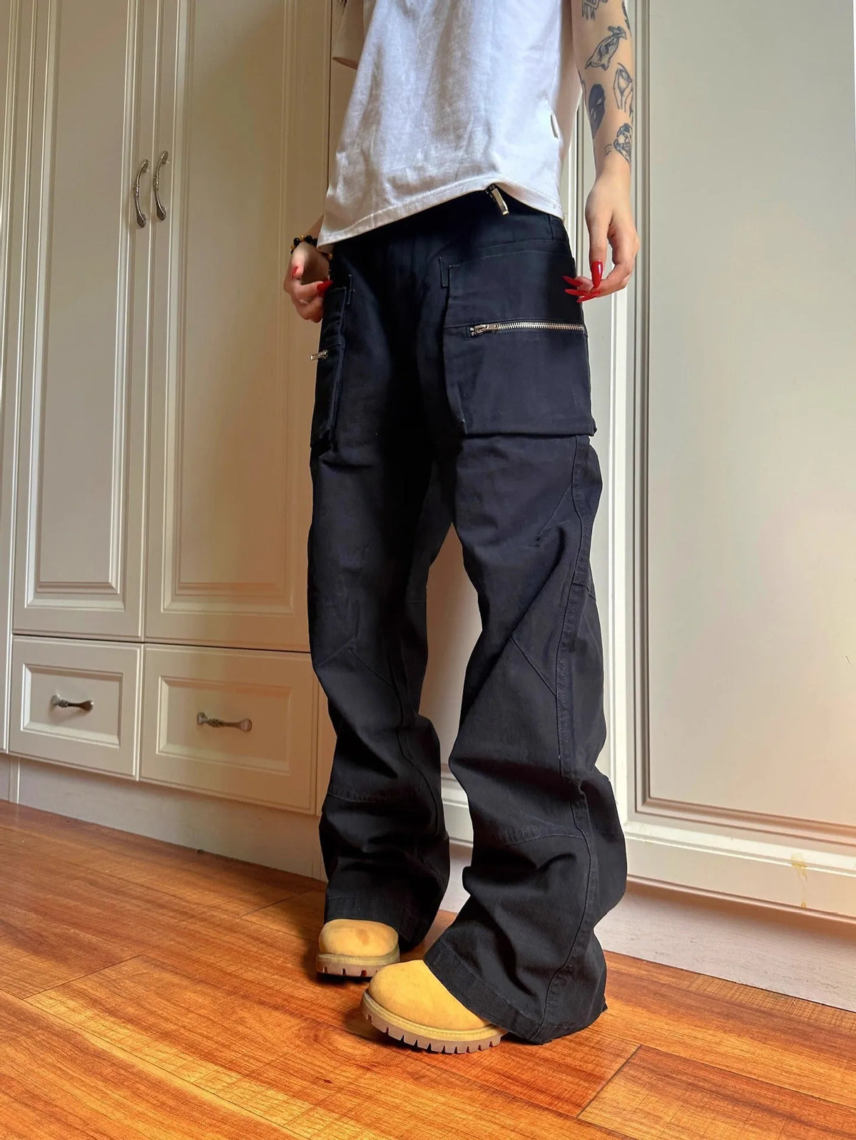 Green and black cotton work trousers with double zip and pockets