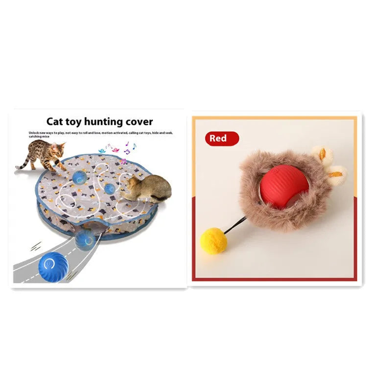 Silicone rolling ball cat toy showing red, green, and grey colour options with self-hi motion mechanism