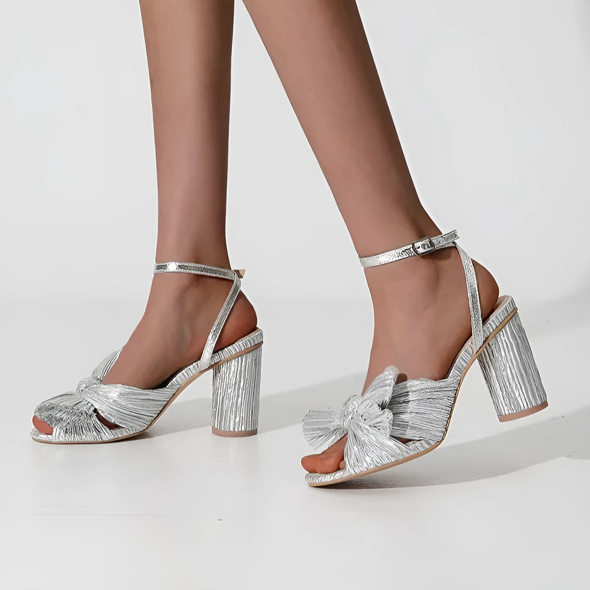 Satin bowknot fish mouth high heel sandals with thick heel and buckle fastening in black