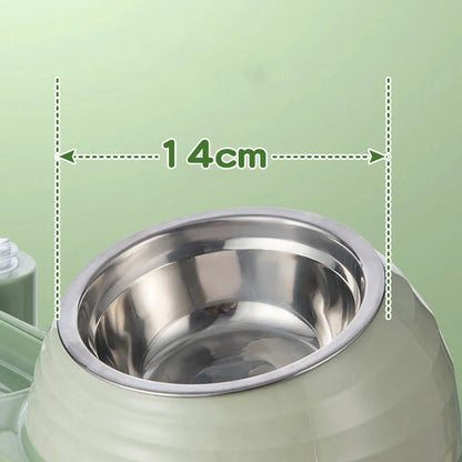 Brown elevated pet feeding bowl with attached water bottle for cats and small dogs on a wooden floor.