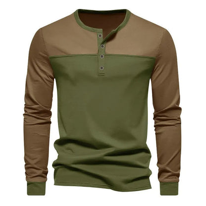 Long-sleeve henley collar casual shirt in solid colour, shown in available sizes and colours.