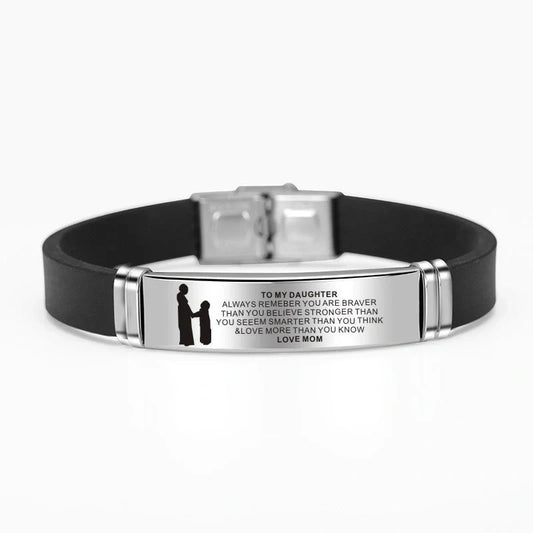 Engraved stainless steel silicone bracelet with family motifs, adjustable for all wrist sizes