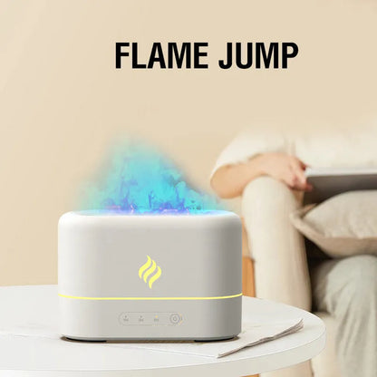 USB-powered humidifier with seven-colour simulated flame effect showing black and white colour options