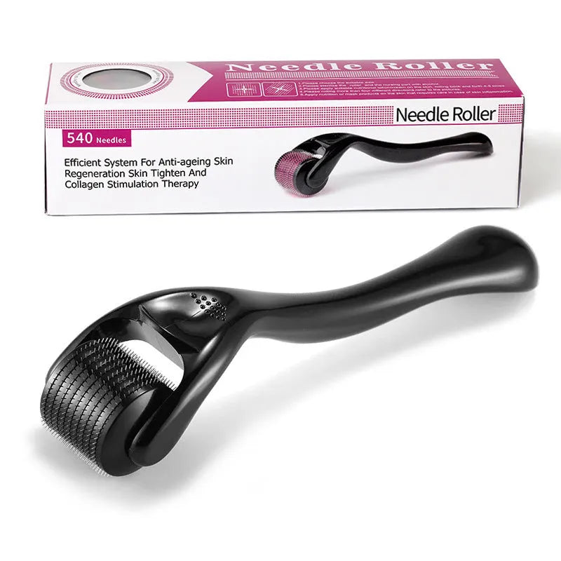 Derma roller with titanium microneedles showing six needle length options from 0.2mm to 1.0mm