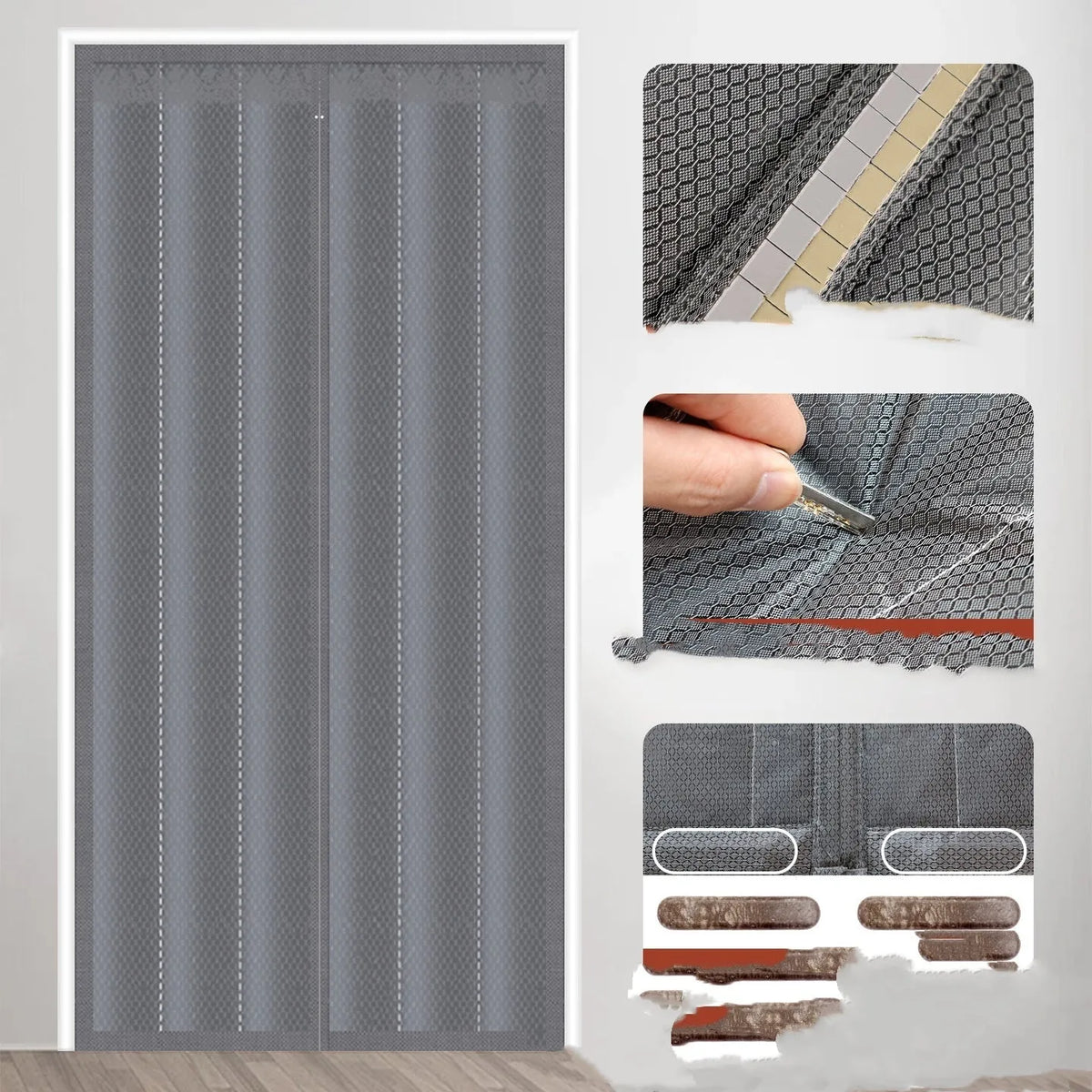 Full seam long magnetic strip cotton door curtain in Oxford cloth with vertical stripes, showing magnetic edges for sealing doorways