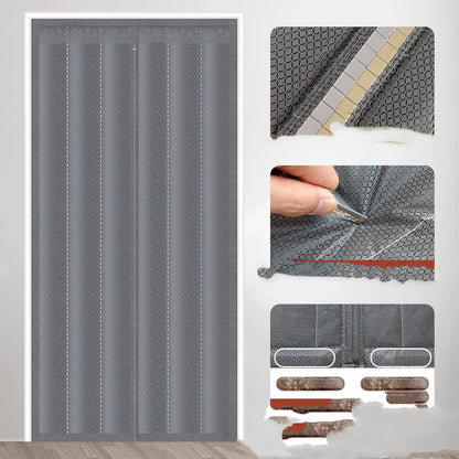 Full seam long magnetic strip cotton door curtain in Oxford cloth with vertical stripes, showing magnetic edges for sealing doorways