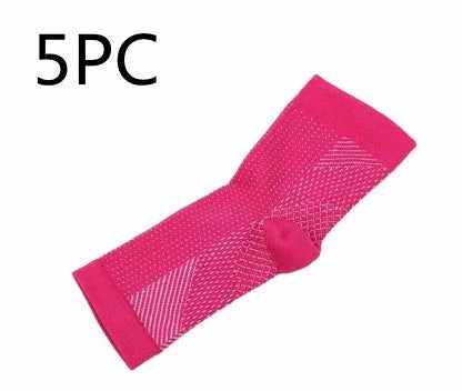 Anti-fatigue compression foot sleeve in black, red, or white, featuring moisture-wicking fabric and a heel hole for breathability.