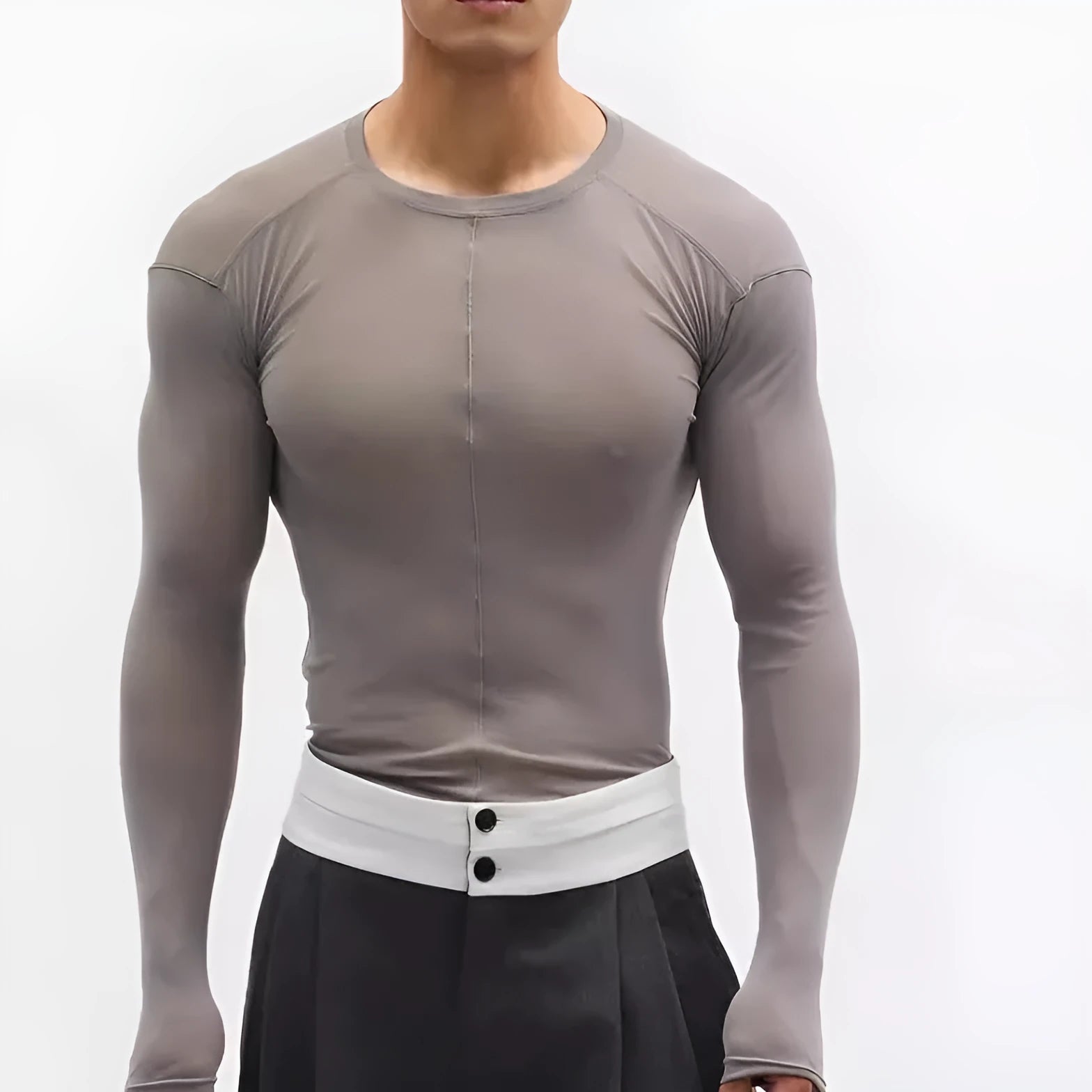 Black slim-fit mesh texture long sleeve pullover on a hanger.