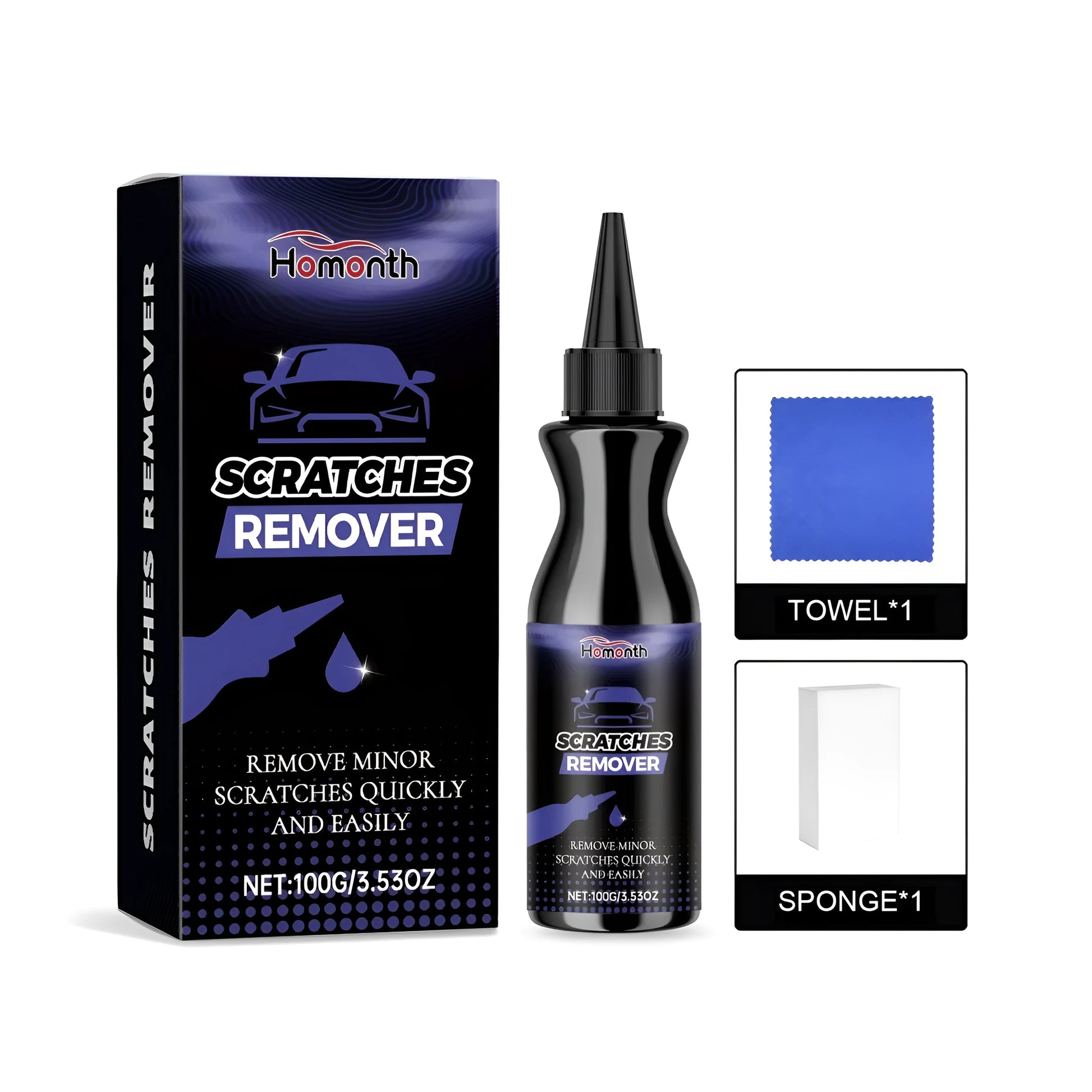 Car paint scratch removal kit with paste tube, sponge, and microfiber towel.