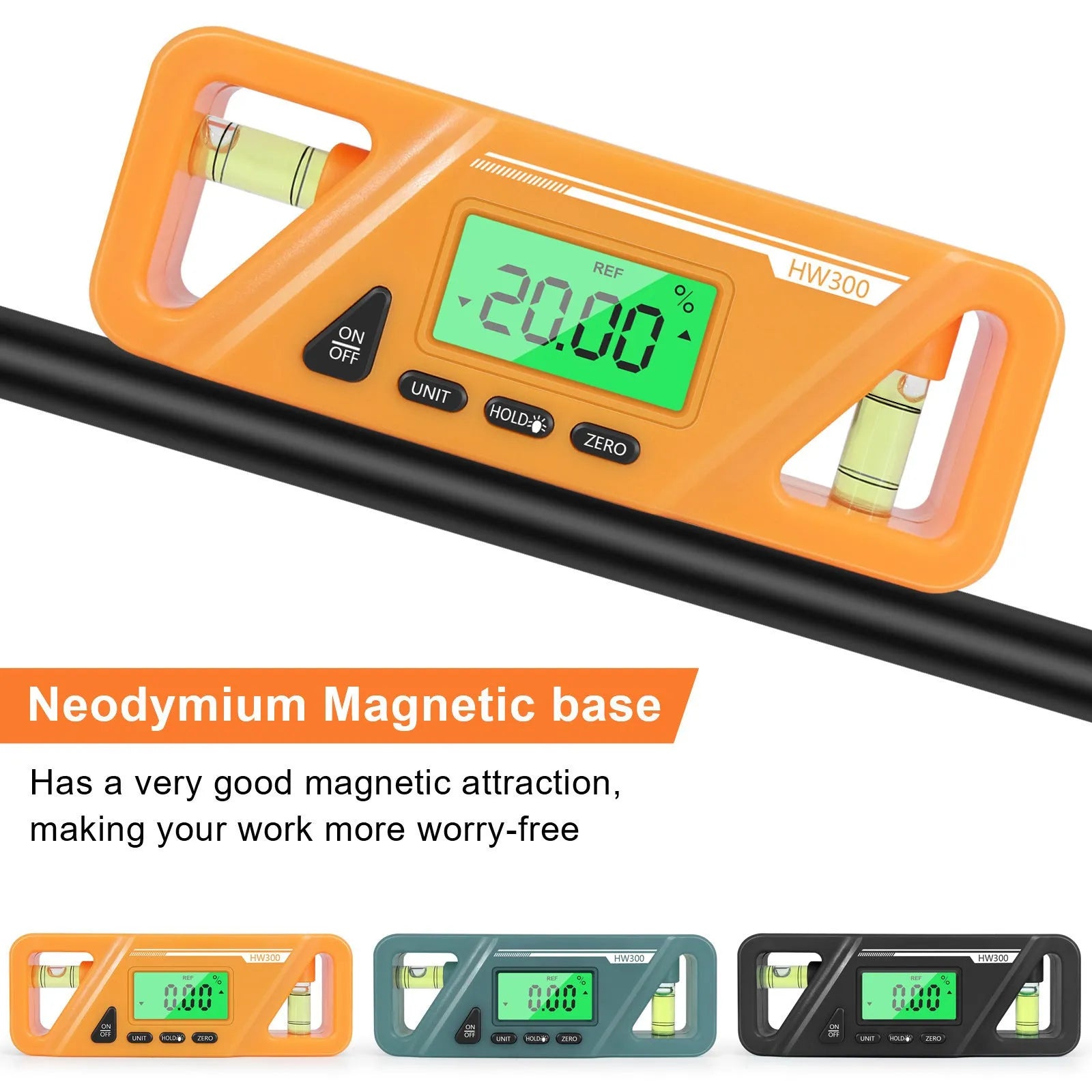 HW300 series black digital inclinometer level meter with magnetic base and LCD display