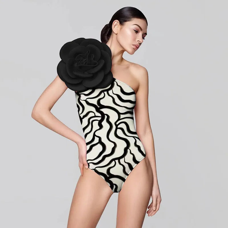 Women's one-piece swimsuit with three-dimensional flower print, tight European American fit.