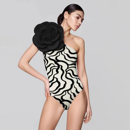 Women's one-piece swimsuit with three-dimensional flower print, tight European American fit.