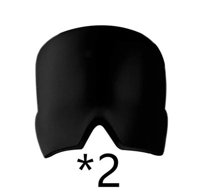 Black elastic cloth gel cold compress eye mask for headache relief on a grey background.