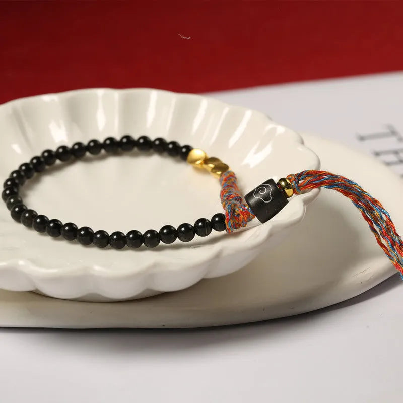 Obsidian fashion bracelet hand-woven carrying strap unisex accessory width 4mm length 15.5-16cm adjustable leather cord minimalist style
