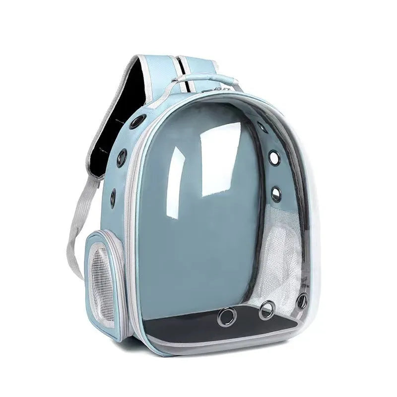 Grey PC plastic side opening pet carrier backpack for cats on a white background.