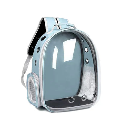 Grey PC plastic side opening pet carrier backpack for cats on a white background.