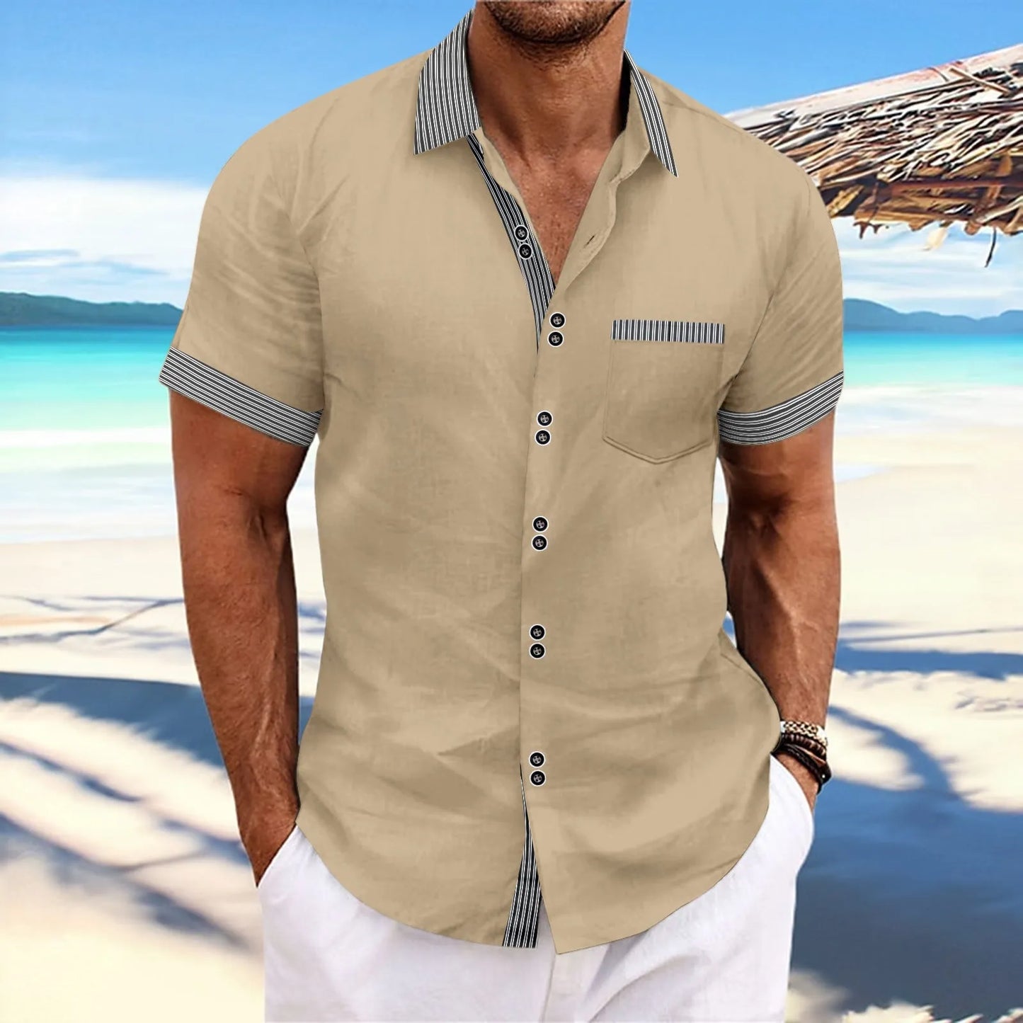 Men's slim fit striped casual shirt in pure cotton with double button short sleeves on a hanger