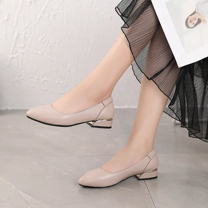 Beige cowhide flat pointed casual low-cut shoes with a buckle fastening and rubber sole