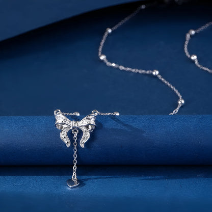 S925 sterling silver adjustable necklace with butterfly and heart pendant on O-ring chain