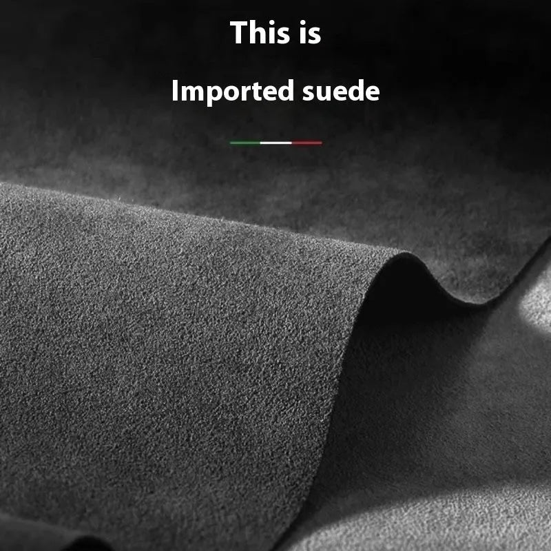 Alcantara suede magnetic phone case for Apple iPhone in black, showing frosted finish and anti-fall design.