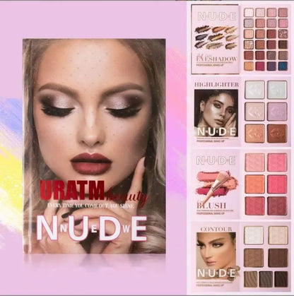 Makeup palette open showing eye shadows, matte blush, shimmer blush, and highlighter powders in shade U137A.