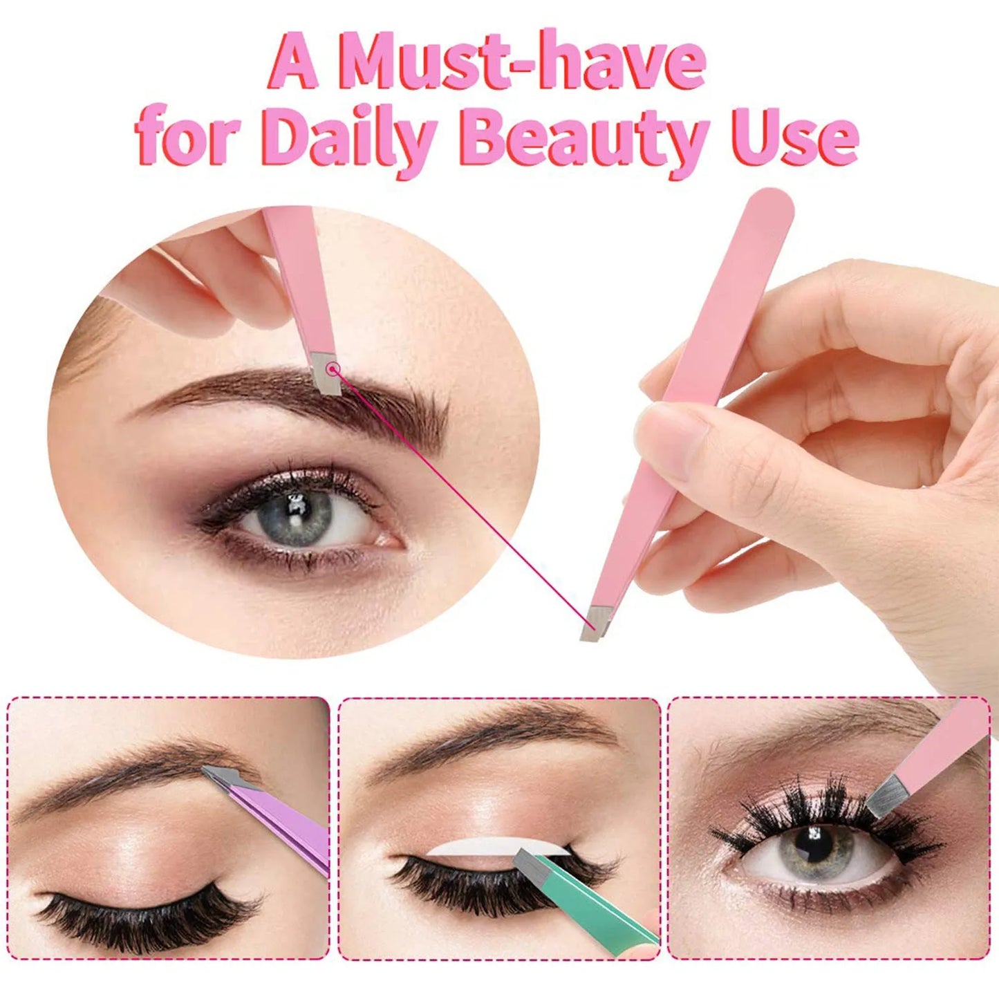 Professional stainless steel eyebrow tweezers set with scissors, brush, and leather case.