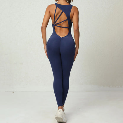 Stylish yoga jumpsuit with V-shaped back design, sleeveless silhouette, and stretch fabric for comfort and mobility