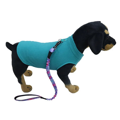 Thickened polar fleece dog waistcoat in solid colours red, black, blue, available in sizes S M L XL.