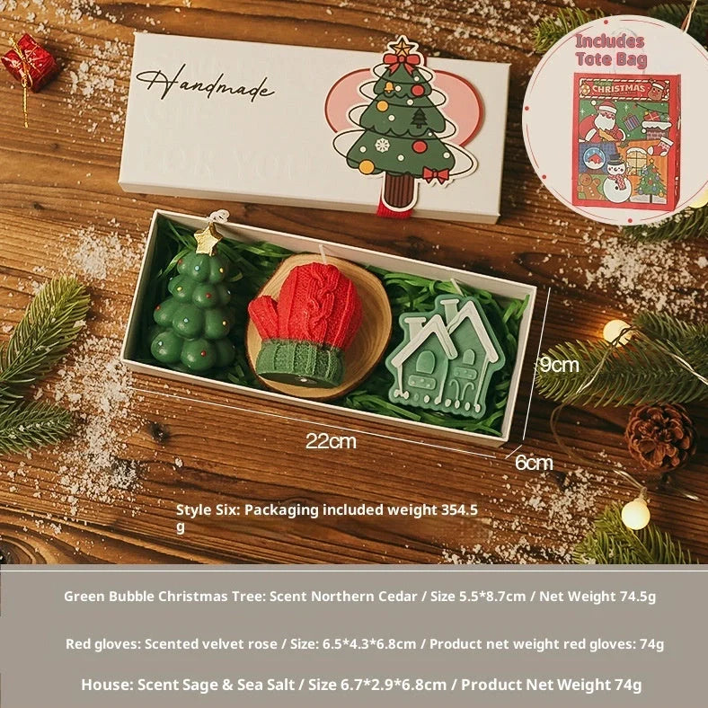 Handmade Christmas scented candle gift set with 9 designs, wooden display pad, and handbag