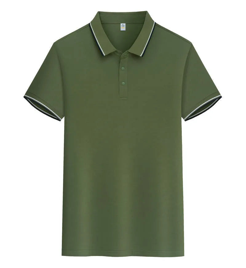 Men's pure cotton short sleeve polo shirt with lapels in a range of colours on a hanger.