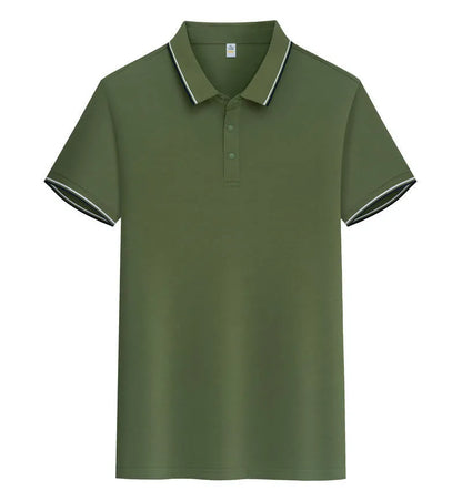Men's pure cotton short sleeve polo shirt with lapels in a range of colours on a hanger.