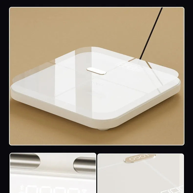 White professional body fat scale with 8 electrodes on a 30x30cm tempered glass platform and LED display