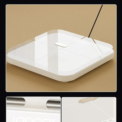 White professional body fat scale with 8 electrodes on a 30x30cm tempered glass platform and LED display