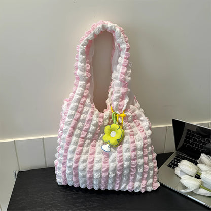 Pleated bubble shoulder bag in square vertical design with pendant accessory in various colour options
