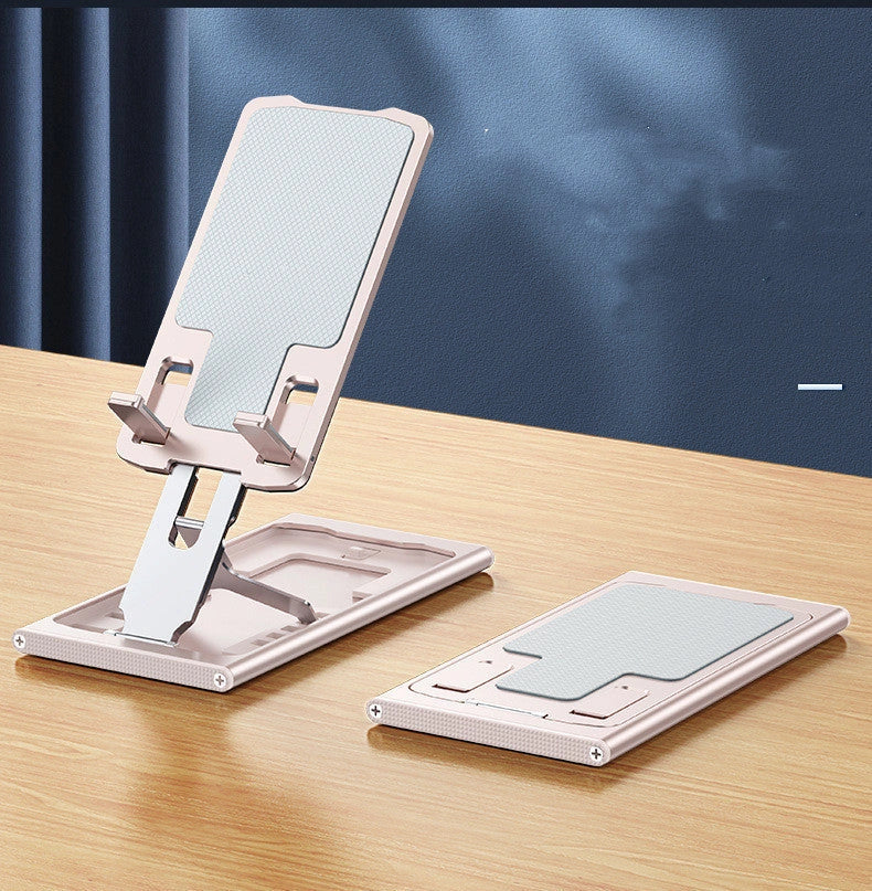 Aluminum alloy mobile phone stand in grey, rose gold, silver, and blue, adjustable angle for desktop use