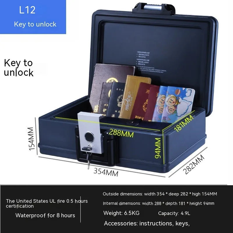 Black portable mechanical combination safe with key lock, made from cold-rolled steel.