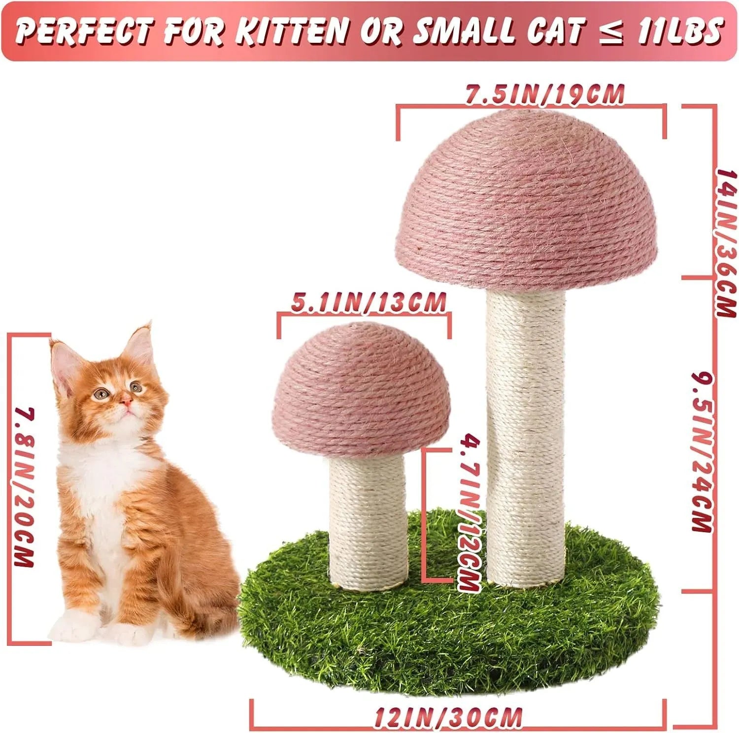Pink mushroom-shaped cat scratching post with natural sisal caps and pole for small cats.