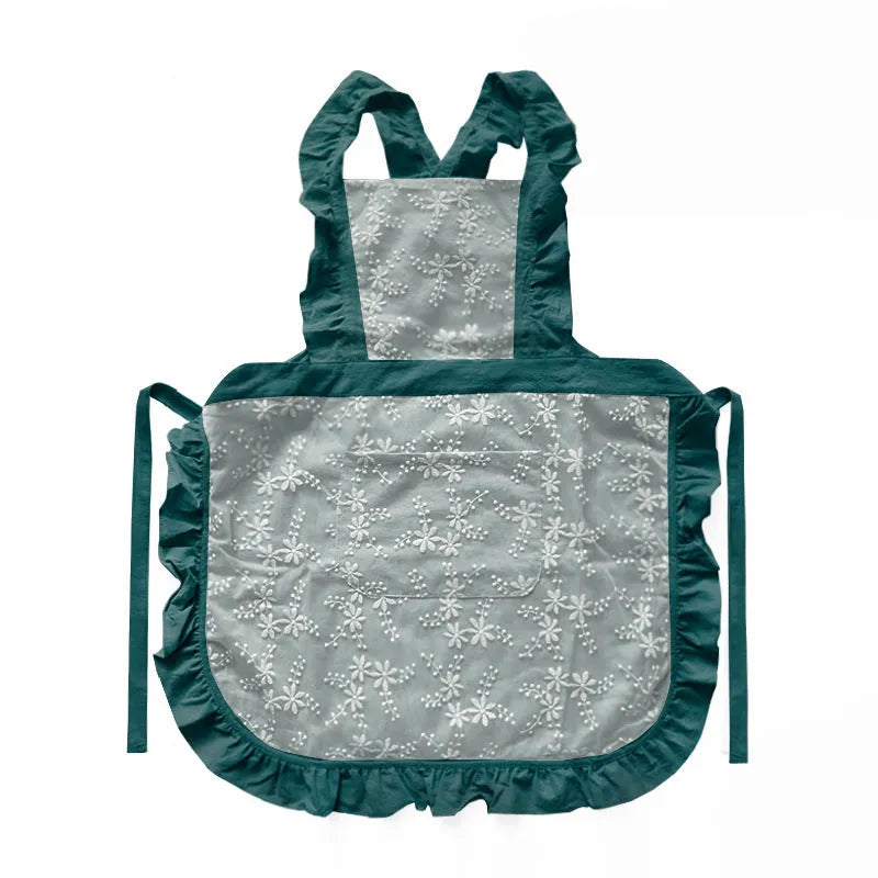 Cotton linen kitchen apron with lace-trimmed X straps in solid colour