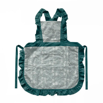 Cotton linen kitchen apron with lace-trimmed X straps in solid colour