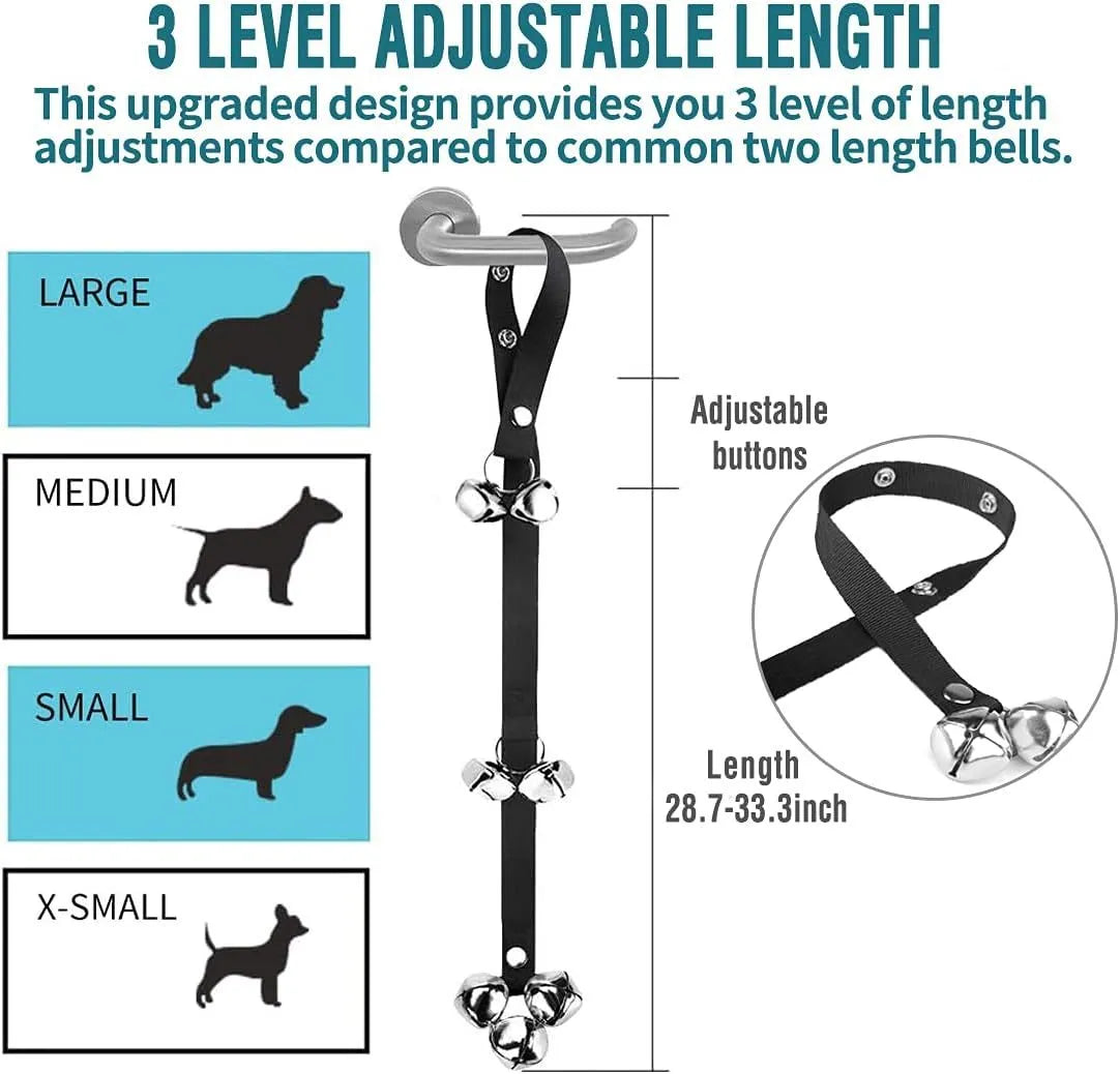Adjustable-length dog training doorbell with large silver metal bells on a heavy-duty nylon leash