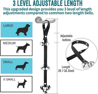 Adjustable-length dog training doorbell with large silver metal bells on a heavy-duty nylon leash