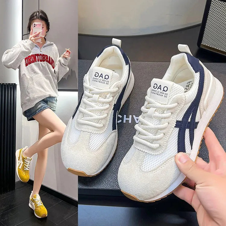Women's white lace-up casual sneakers with round toe and non-slip sole