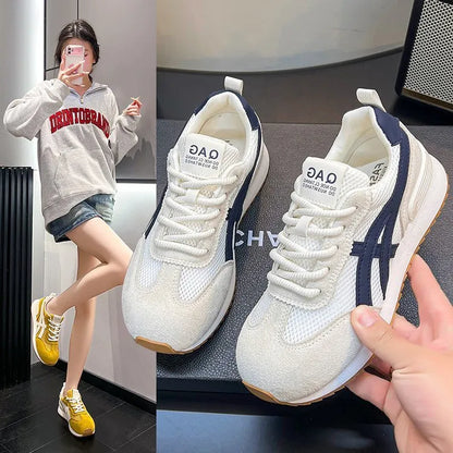 Women's white lace-up casual sneakers with round toe and non-slip sole