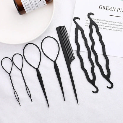 Braided hair travel suit with resin hair disc, comb, extension needle, and pattern hairdressing tool