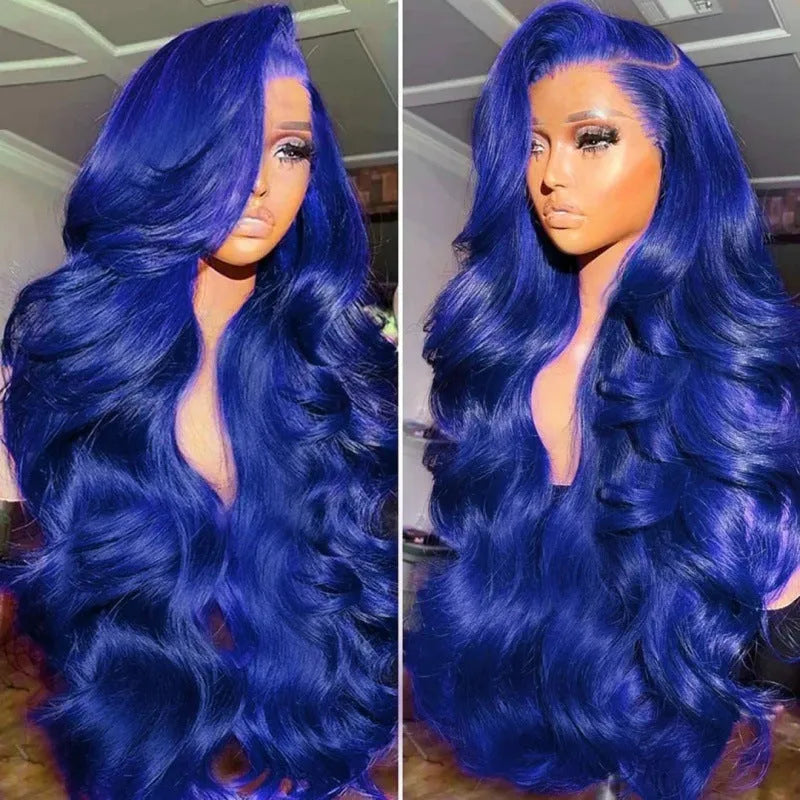 Dark blue long curly synthetic wig with big waves on a wig stand, showing middle parting.