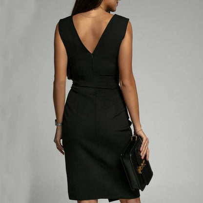 Summer V-neck sleeveless split dress in black, slim high-waist party club dress for women