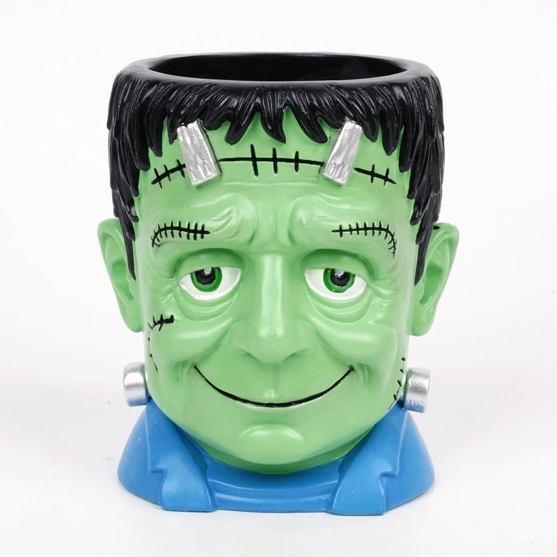 Halloween creative cartoon flower pot resin decorations for garden and indoor seasonal displays, featuring bandage zombie, white ghost, science green freak, and death designs with manual painting craft on synthetic resin material