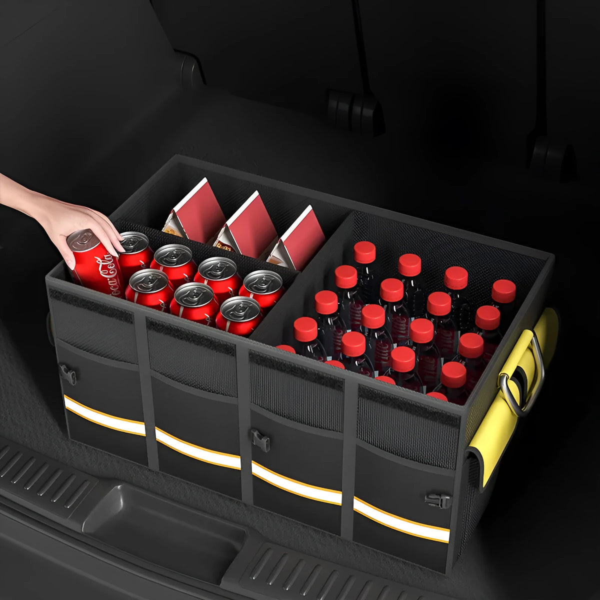 Black and yellow foldable car trunk storage bag with carrying handle in three size options.