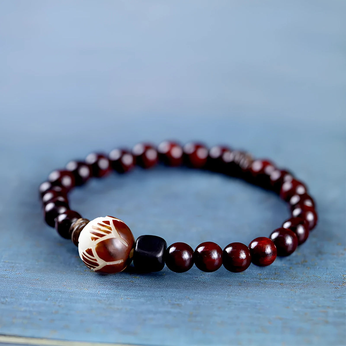 Natural rosewood bracelet with double ring and single circle bead designs in retro style