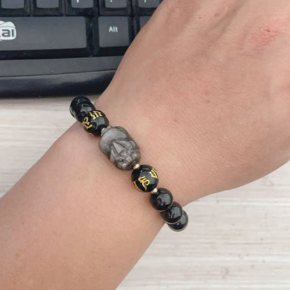 Silver Stone men's bracelet with Chinese style design and zodiac proverbs engraving
